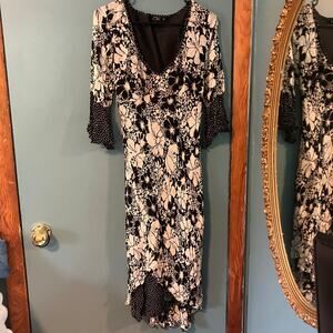 Vintage floral polka dot sequin dress flared sleeves asymmetrical hem
